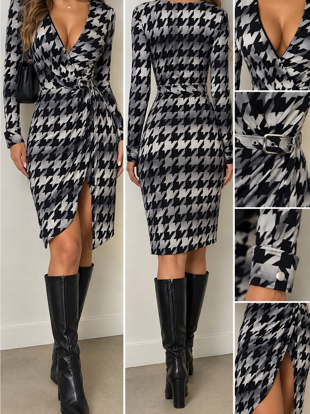 Cache XS Black Gray Houndstooth Belted Wrap Dress Long Sleeve